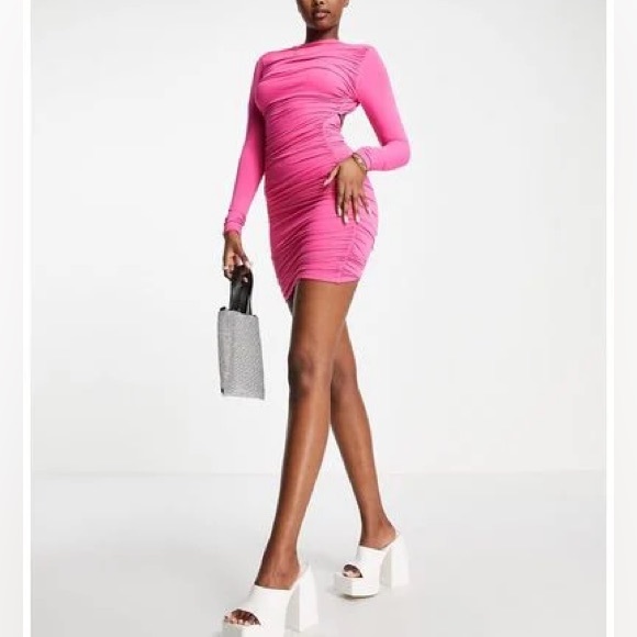 NWOT- Naked Wardrobe ruched long sleeve open back mini dress in raspberry - Picture 2 of 13